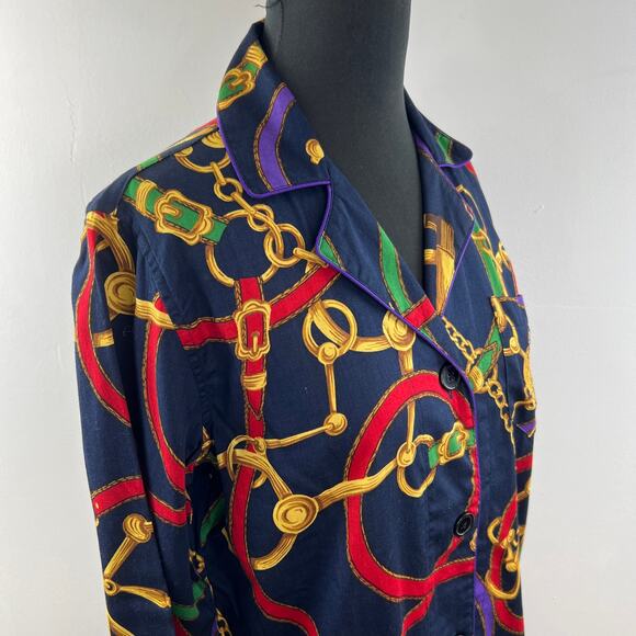 Lauren Ralph Lauren Blue Hawaiian Shirt Cotton Chain Printed Button-Up Medium M - Picture 2 of 7